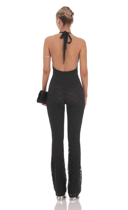 Lucy In The Sky Lace Halter Jumpsuit in Black