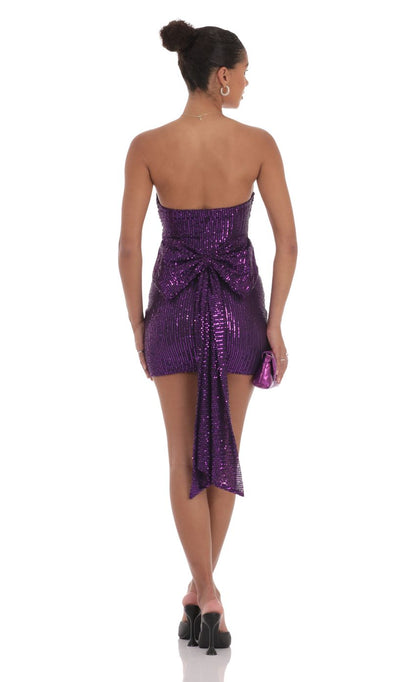 Lucy In The Sky Bow Draped Sequin Dress in Purple
