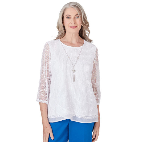 Alfred Dunner Women's Popcorn Mesh Top With Necklace