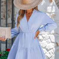 Cupshe Blue Striped Collared Puff Sleeve Mini Dress