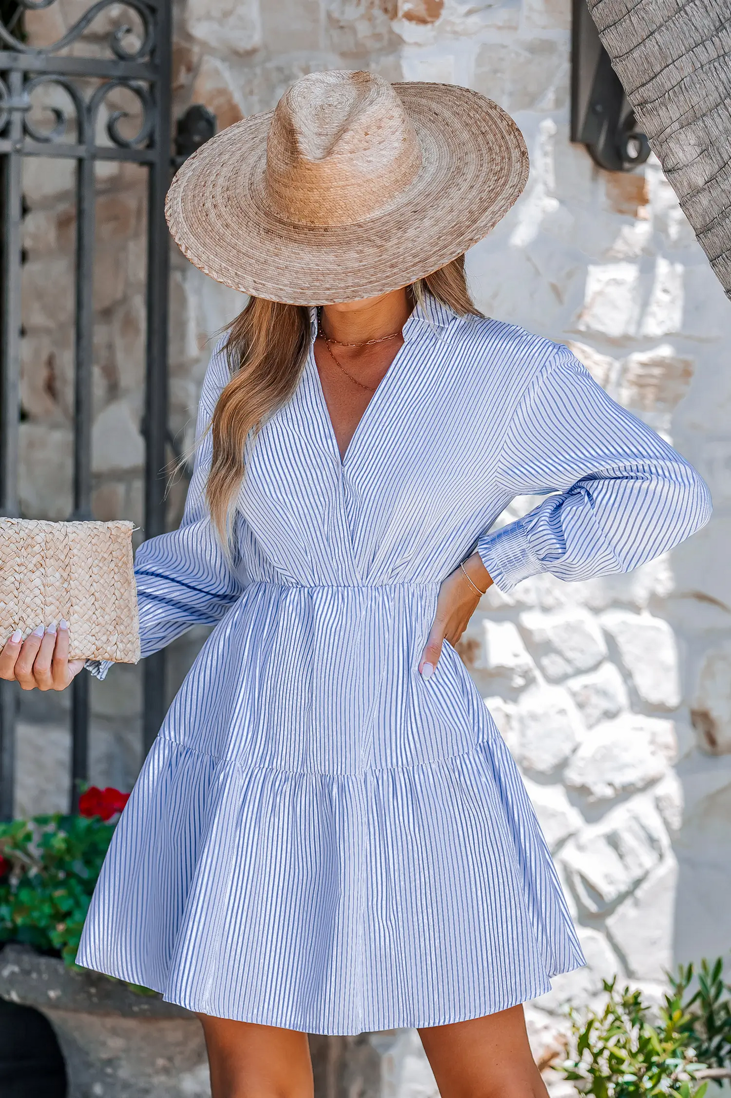 Cupshe Blue Striped Collared Puff Sleeve Mini Dress