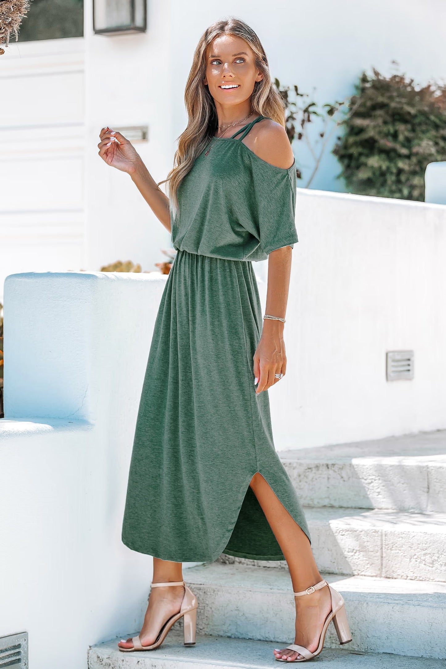 Cupshe Green Off-Shoulder Midi Jersey Dress (x2)