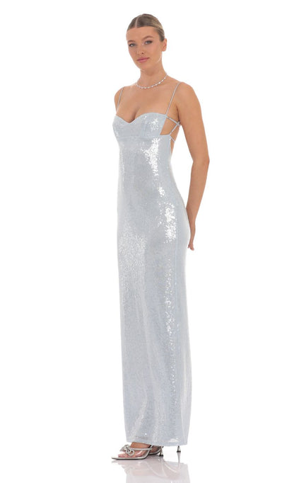 Lucy In The Sky Sequin Open Back Maxi Dress in Icy Blue