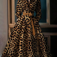 Ursime Leopard Print Stand Collar Long Sleeve Pocket Maxi Dress