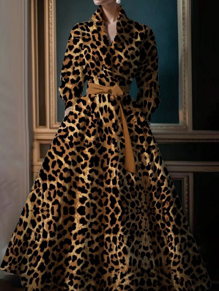 Ursime Leopard Print Stand Collar Long Sleeve Pocket Maxi Dress