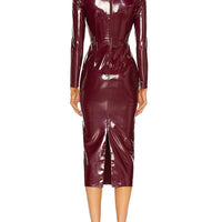 Ursime PU Leather High Neck Long Sleeve Bodycon Midi Dress