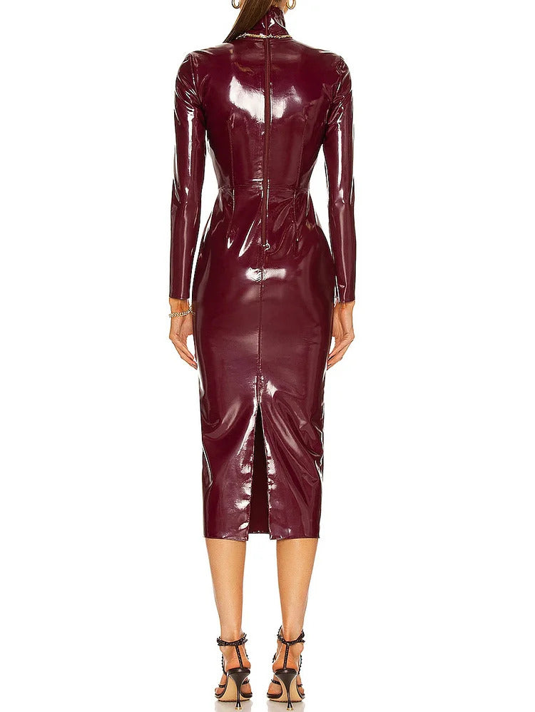 Ursime PU Leather High Neck Long Sleeve Bodycon Midi Dress