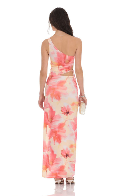Lucy In The Sky Floral One Shoulder Cutout Maxi Dress in Orange