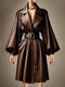 Ursime PU Leather Lapel Puff Sleeve Belt Midi Dress