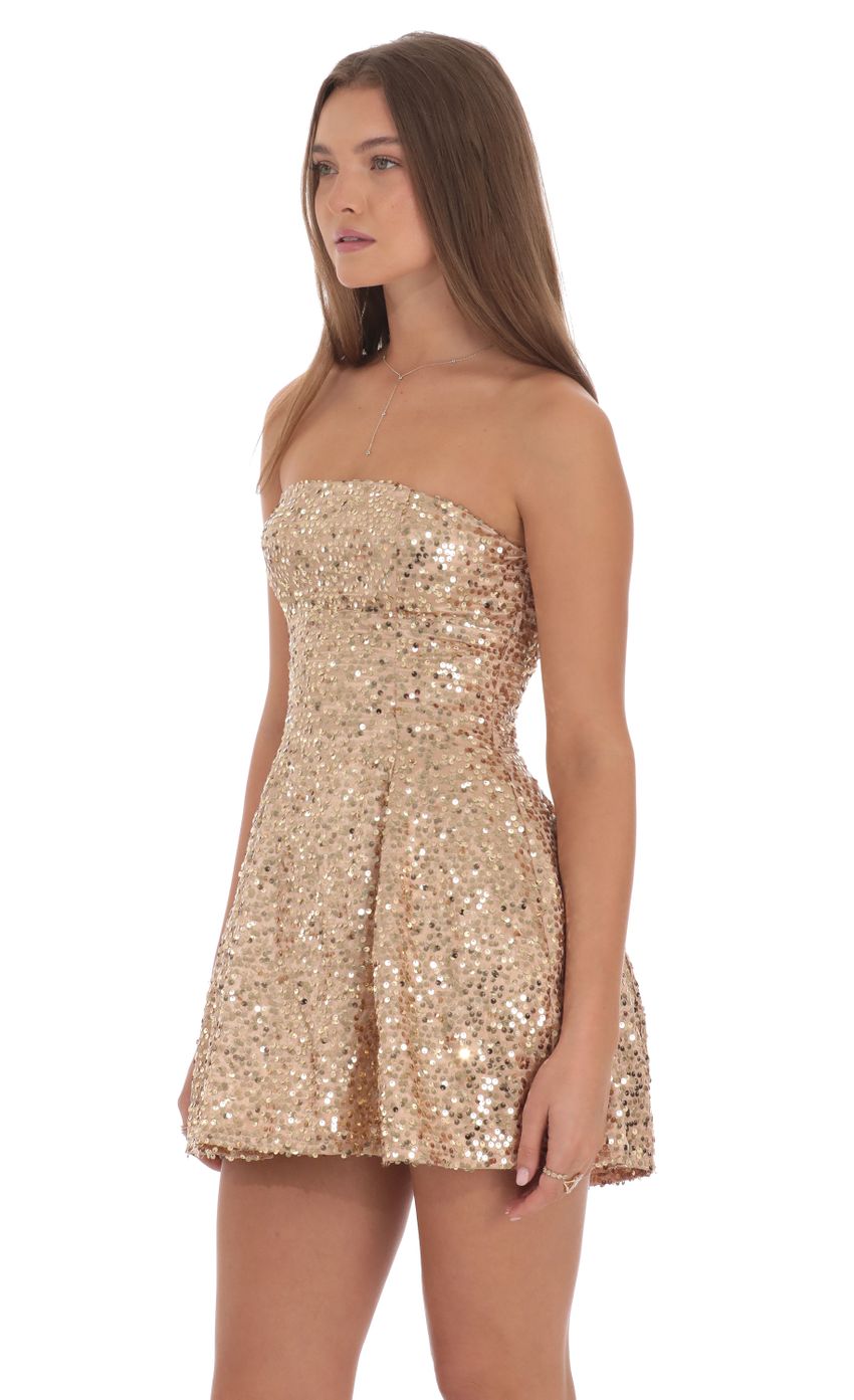 Lucy In The Sky Sequin Strapless Fit and Flare Dress in Gold