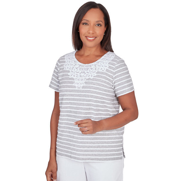 Alfred Dunner Women's Lace Neck Striped Split Hem Tee 1