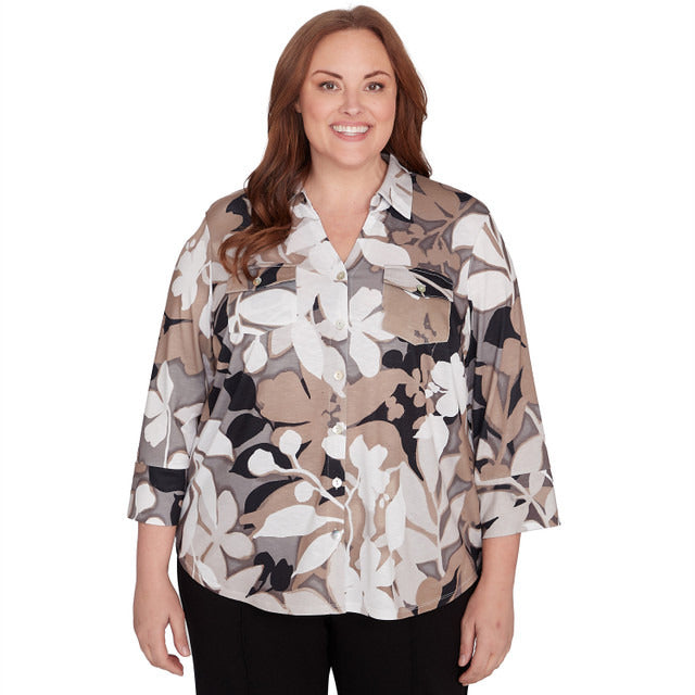 Alfred Dunner Women's Shadow Leaf Print Button Front Top