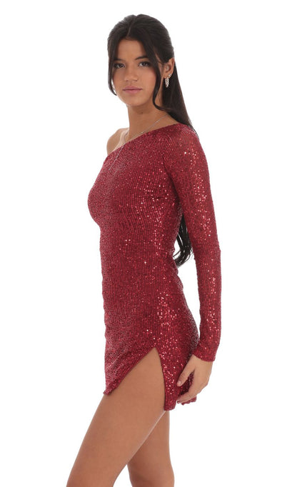 Lucy In The Sky Sequin One Off Shoulder Bodycon Dress in Red