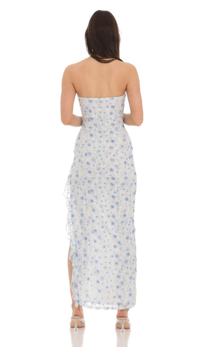 Lucy in the Sky Strapless Floral Lace Ruffle Slit Dress in Pastel Blue