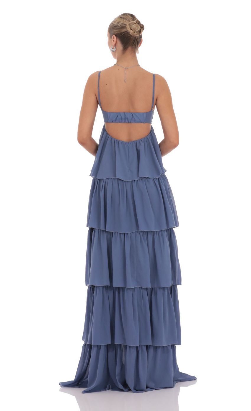 Lucy In The Sky Chiffon Front Tie Ruffle Dress in Denim Blue