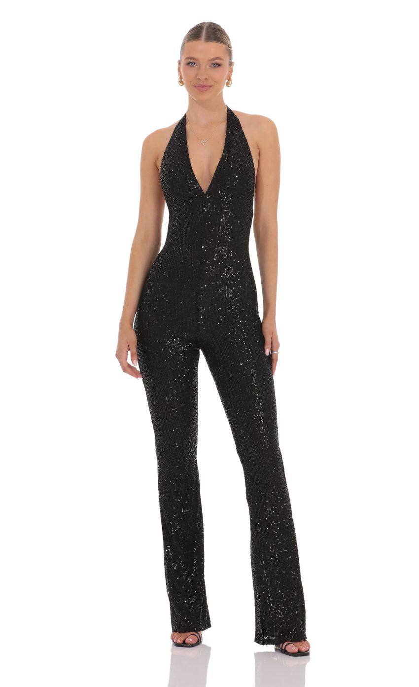 Lucy In The Sky Sequin Halter Jumpsuit in Black
