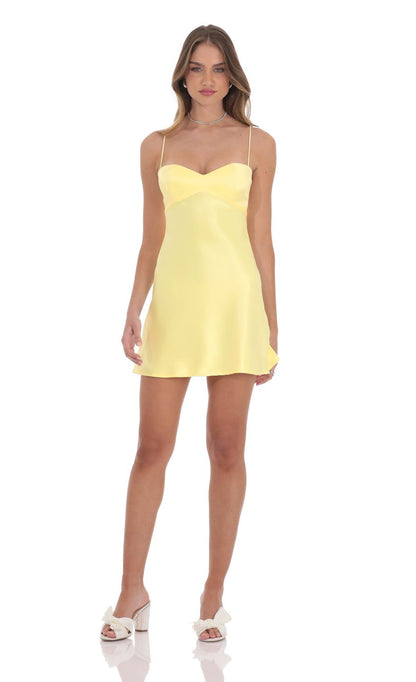 Lucy In The Sky Satin Sweetheart Neck Dress in Yellow