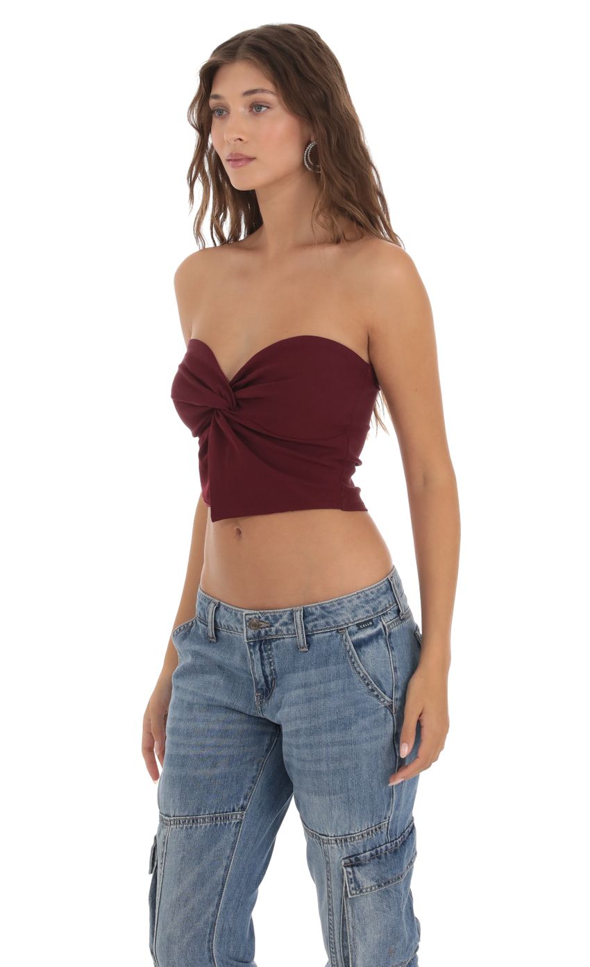 Lucy in the Sky Strapless Twist Top in Burgundy