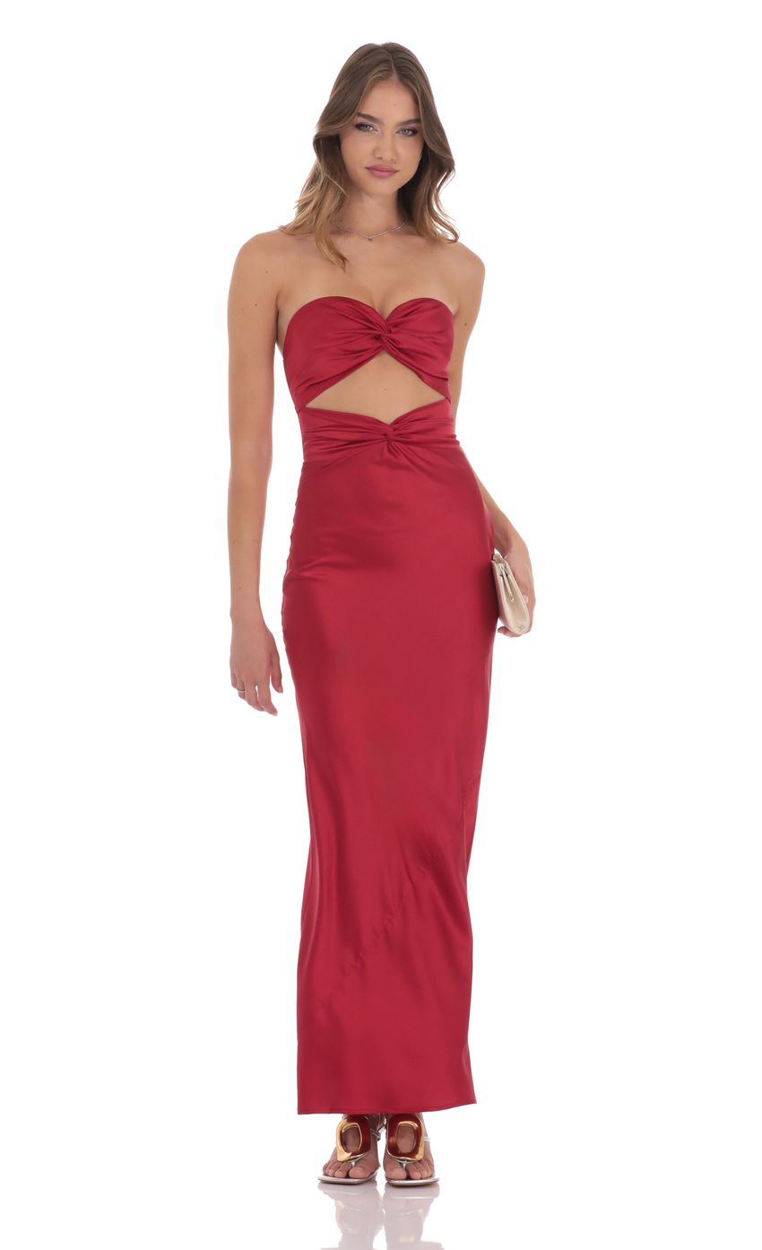 Lucy In The Sky Satin Twist Cutout Maxi Dress in Red
