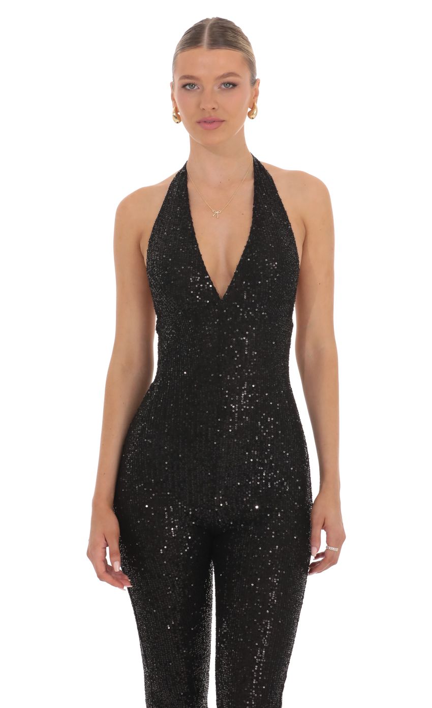 Lucy In The Sky Sequin Halter Jumpsuit in Black
