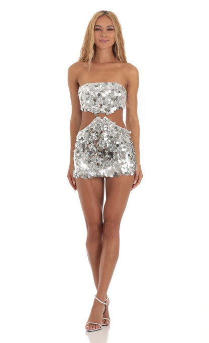 Lucy In The Sky Silver Sequin Cutout Dress in White