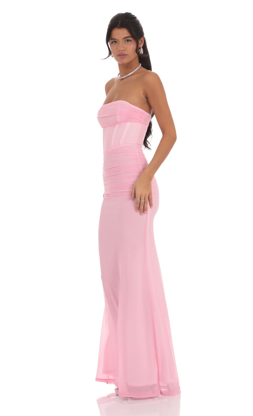 Lucy In The Sky Mesh Strapless Corset Maxi Dress in Pink