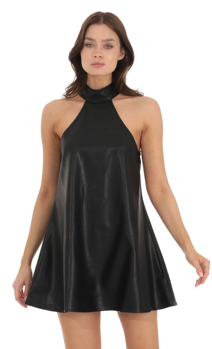 Lucy In The Sky Faux Leather Shift Dress in Black