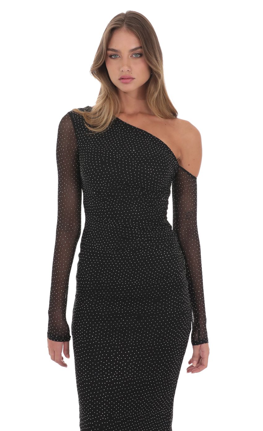 Lucy In The Sky Off Shoulder Rhinestone Maxi Dress in Black