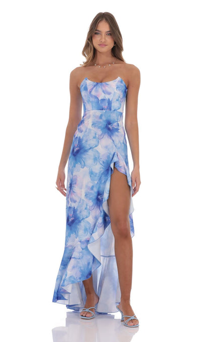 Lucy in the Sky Floral Ruffle Slit Strapless Corset Maxi Dress in Blue