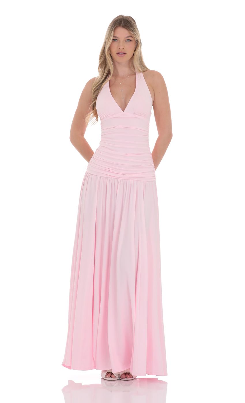 Lucy In The Sky Halter Drop Waist Maxi Dress in Pink