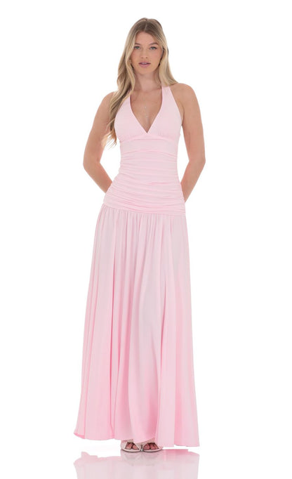 Lucy In The Sky Halter Drop Waist Maxi Dress in Pink