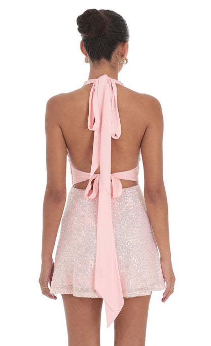 Lucy In The Sky Sequin Halter Dress in Pink
