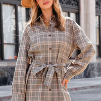 Cupshe Taupe Plaid Collared Long Sleeve Mini Shirt Dress