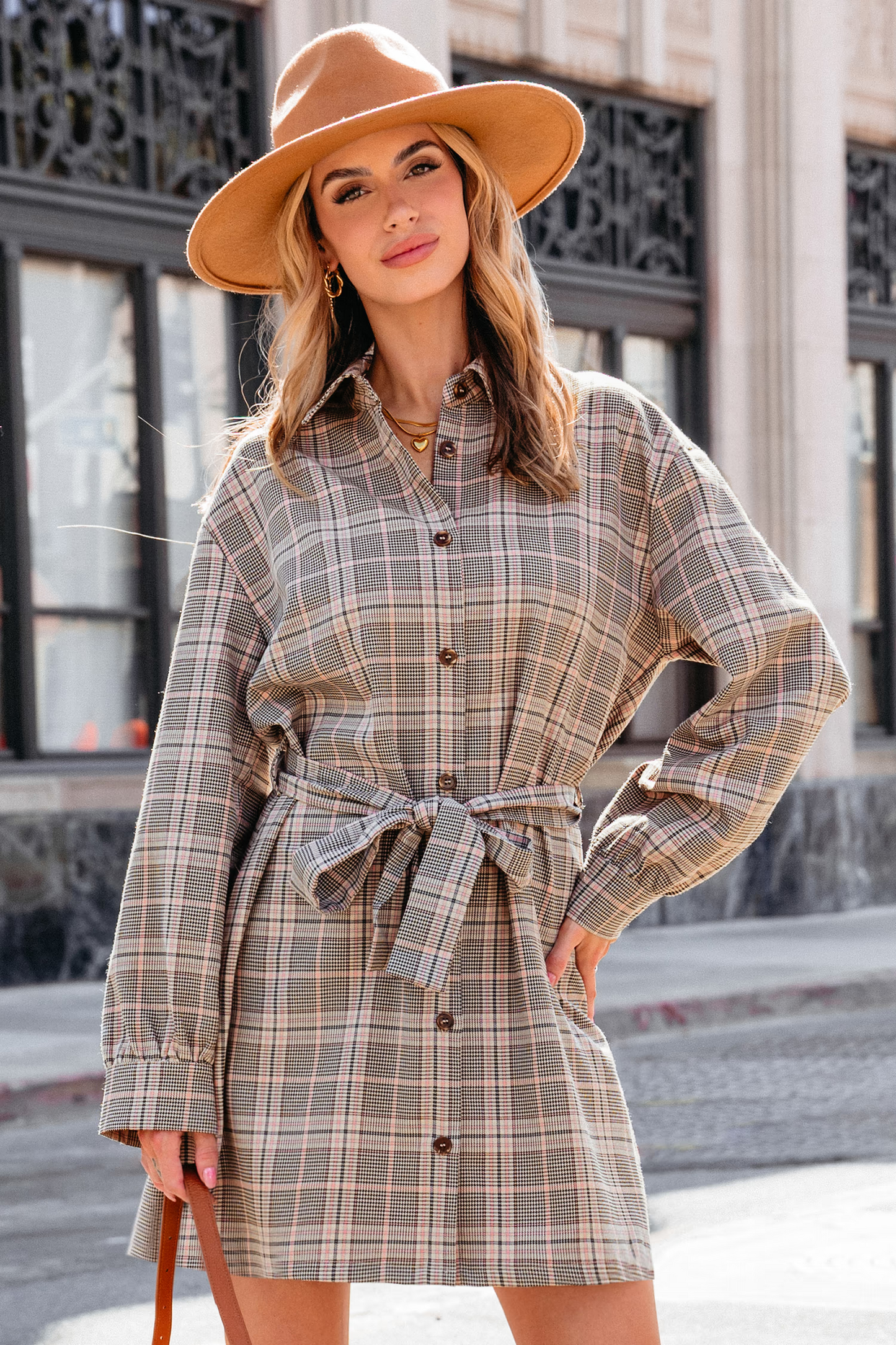 Cupshe Taupe Plaid Collared Long Sleeve Mini Shirt Dress