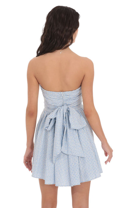 Lucy In The Sky Floral Strapless A-line Dress in Gingham Blue