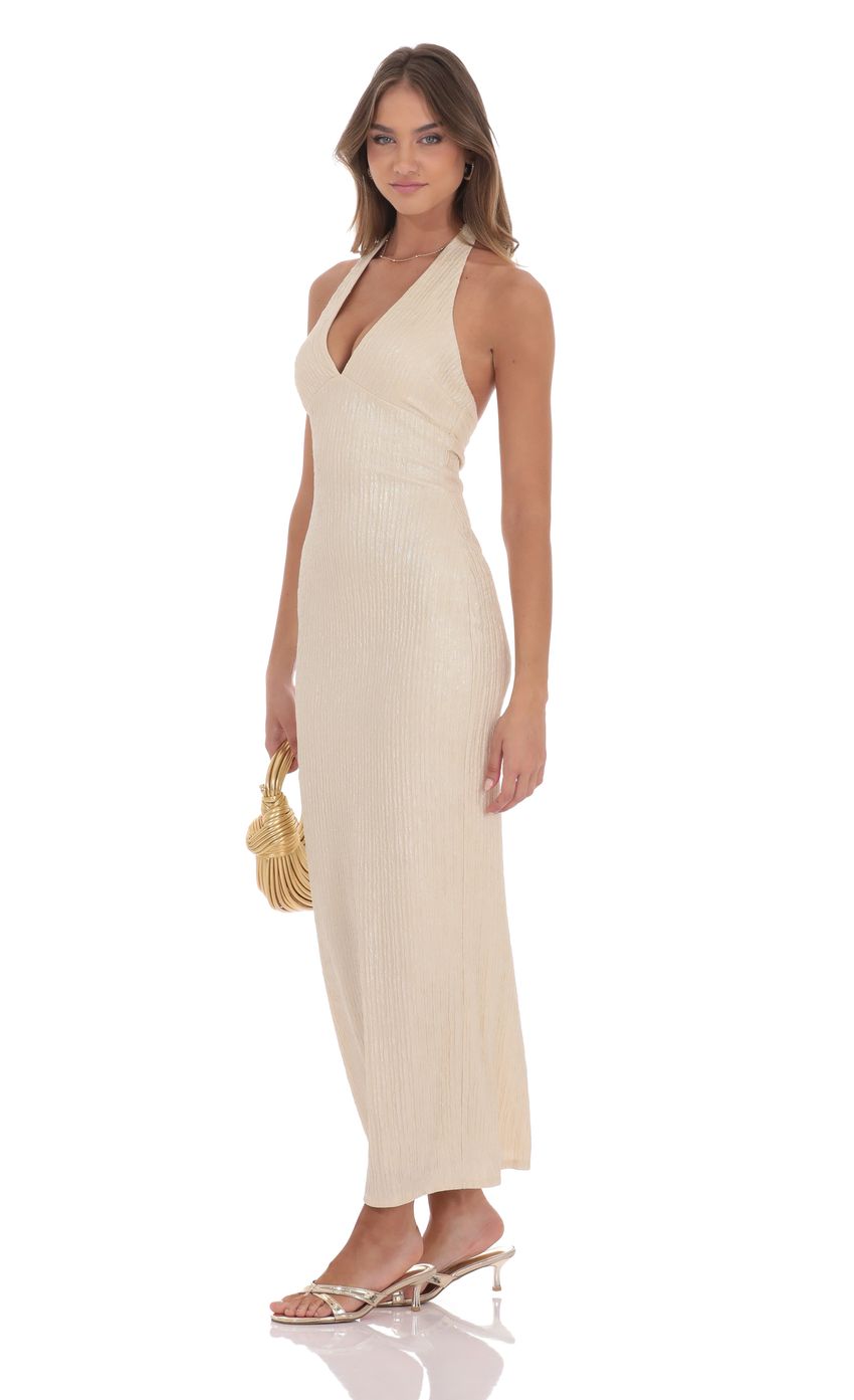 Lucy In The Sky Crinkle Shimmer V-Neck Maxi Dress in Champagne