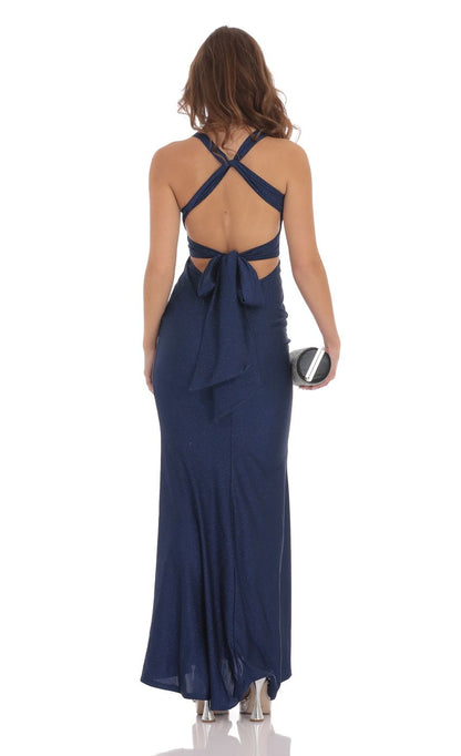 Lucy in the Sky Glitter Twist V-Neck Maxi Dress in Navy