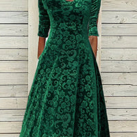 Ursime Elegant Velvet Jacquard V Neck Long Sleeve Midi Dress