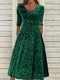 Ursime Elegant Velvet Jacquard V Neck Long Sleeve Midi Dress