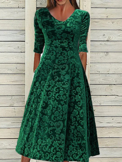 Ursime Elegant Velvet Jacquard V Neck Long Sleeve Midi Dress