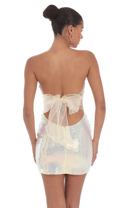 Lucy In The Sky Iridescent Seqiun Strapless Bodycon Dress in Cream