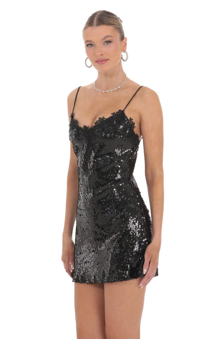 Lucy In The Sky Floral Trim Sequin Dress in Black