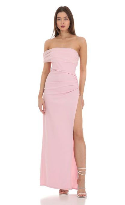 Lucy in the Sky Off Shoulder Tulle Sleeve Maxi Dress in Pink
