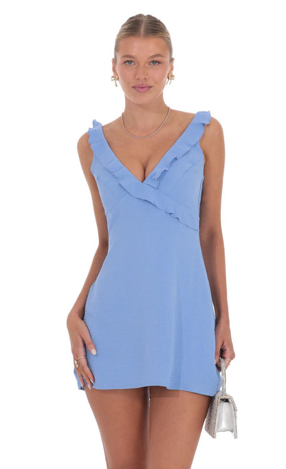 Lucy In The Sky Ruffle V-Neck Dress in Light Blue
