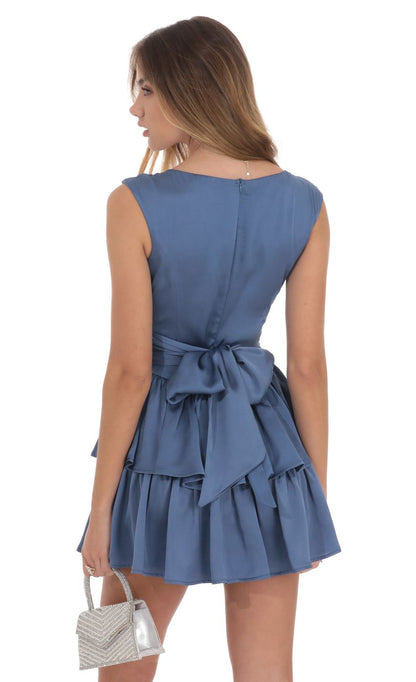 Lucy In The Sky Satin Wide Strap Ruffle Dress in Denim Blue