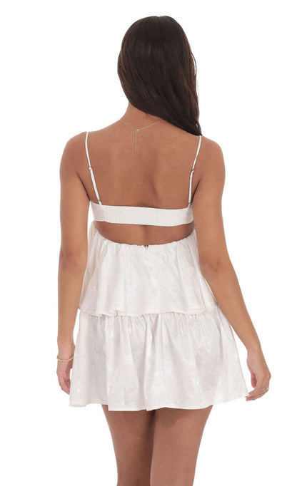 Lucy In The Sky Jacquard Front Tie Ruffle Dress in White