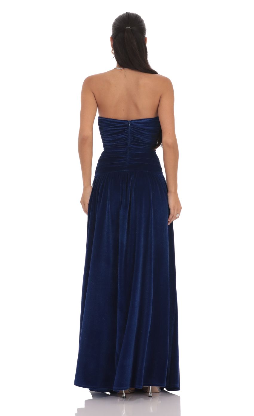 Lucy In The Sky Velvet Ruched Drop Waist Maxi Dress in Navy