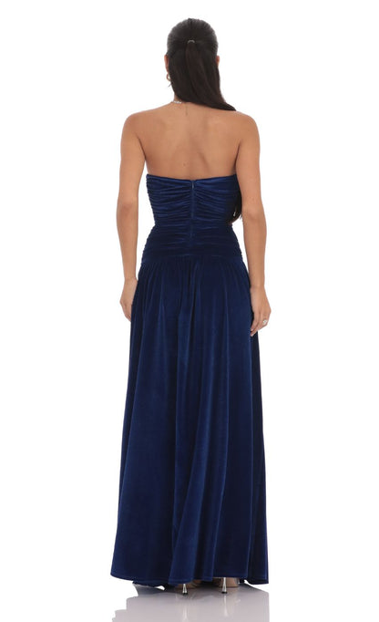 Lucy In The Sky Velvet Ruched Drop Waist Maxi Dress in Navy