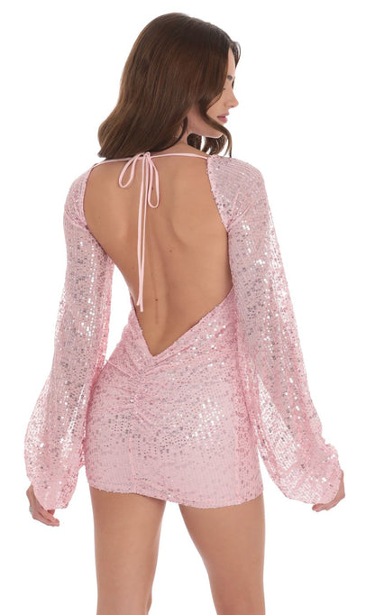 Lucy in the Sky Sequin Ruched Open Back Dress in Pink