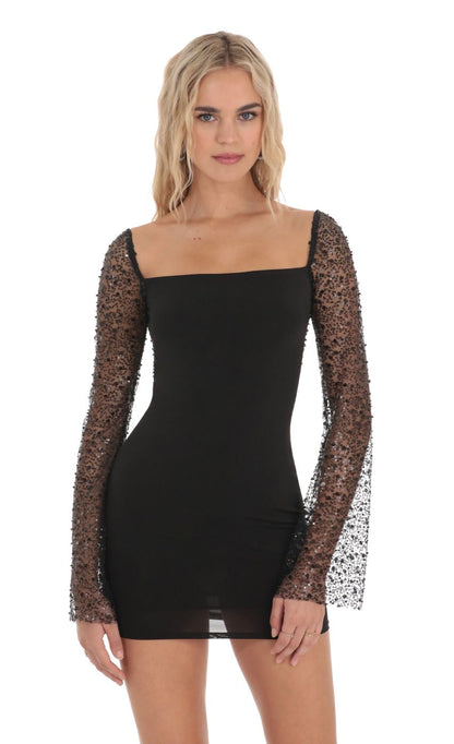 Lucy In The Sky Sequin Long Sleeve Dress in Black